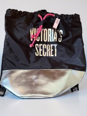 NWT Victoria's Secret Black Backpack with Silver Base and Pink Cord